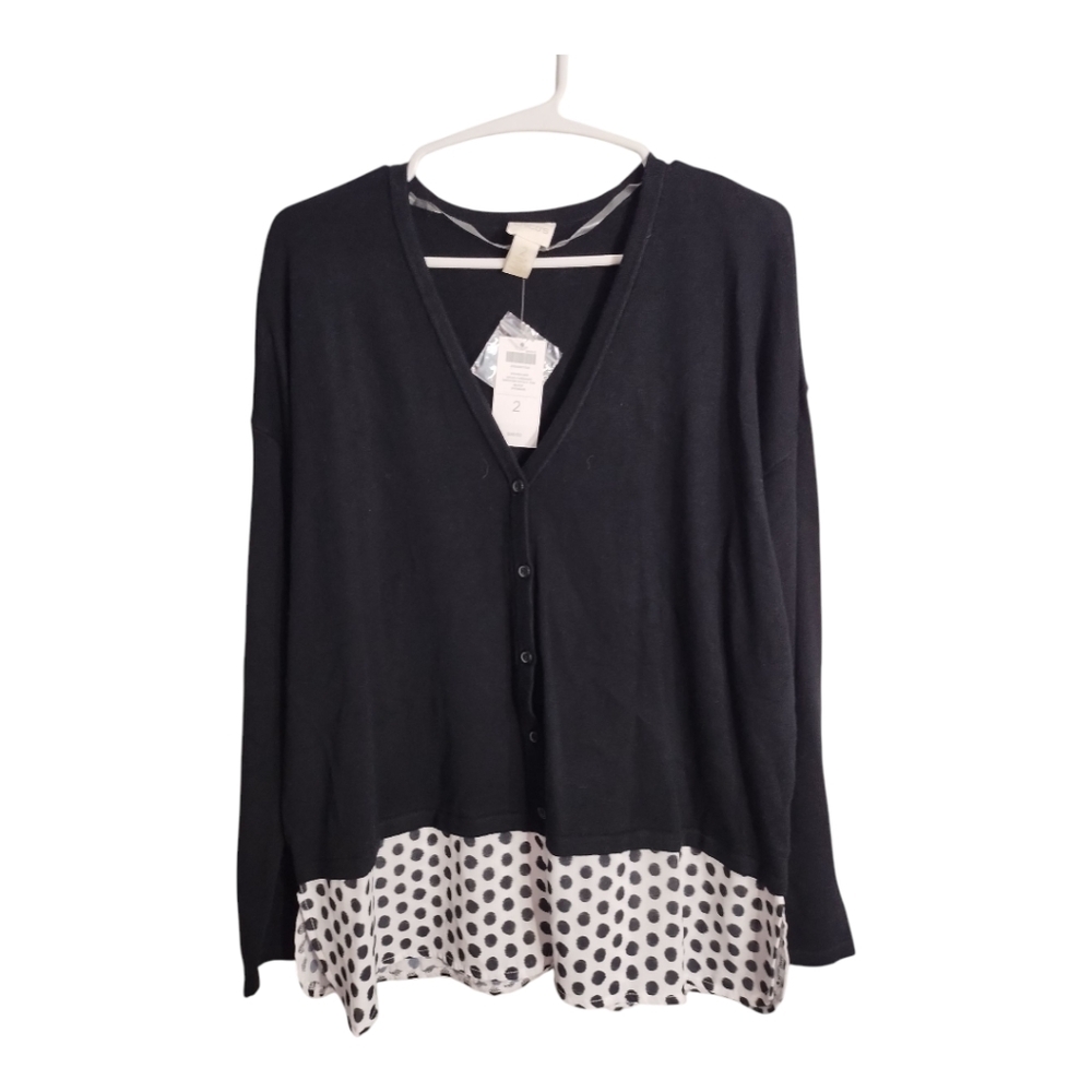Chicos Wilma Woven Hem Polka Dot Button Front V‎ Neck Office Preppy Cardigan L